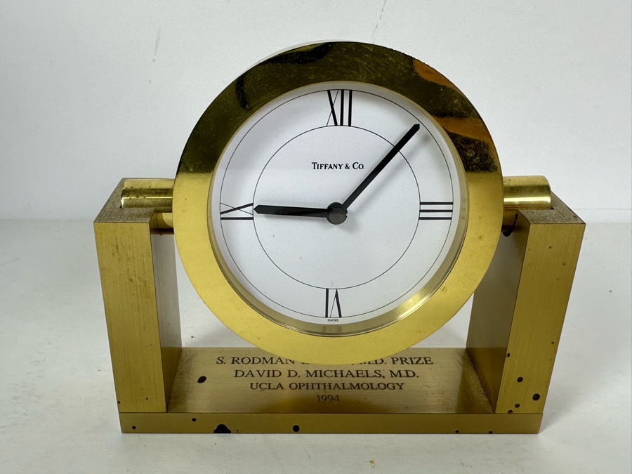 Vintage Tiffany & Co Brass Desk Clock Engraved To Dr. David D. Michaels, UCLA Ophthalmology 5W X 4.5H [Photo 3]