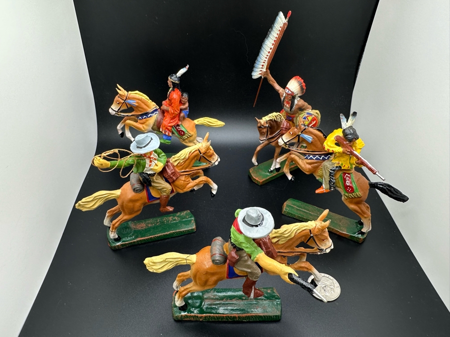 (5) Vintage Elastolin Germany O&M Hausser Toy Cowboys And Indians Miniature Figures [Photo 3]