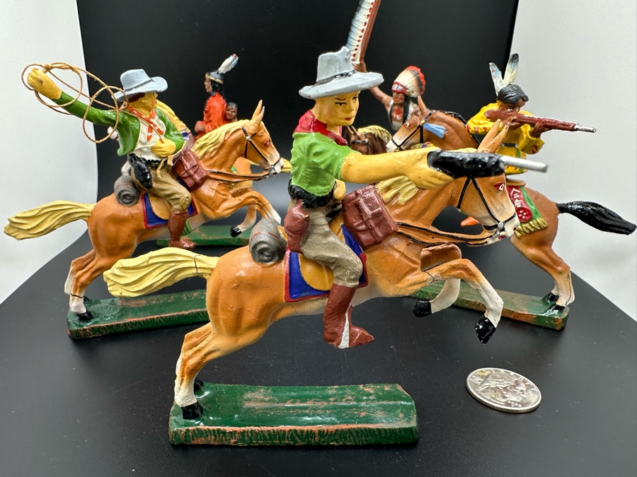 (5) Vintage Elastolin Germany O&M Hausser Toy Cowboys And Indians Miniature Figures [Photo 4]