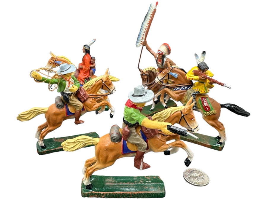 (5) Vintage Elastolin Germany O&M Hausser Toy Cowboys And Indians Miniature Figures [Photo 1]