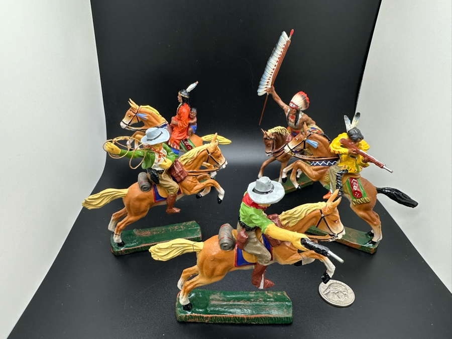 (5) Vintage Elastolin Germany O&M Hausser Toy Cowboys And Indians Miniature Figures [Photo 2]