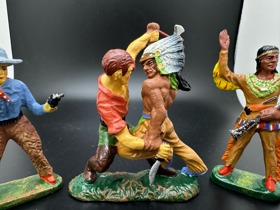 (3) Vintage Elastolin Germany O&M Hausser Toy Cowboys And Indians Miniature Figures [Photo 3]