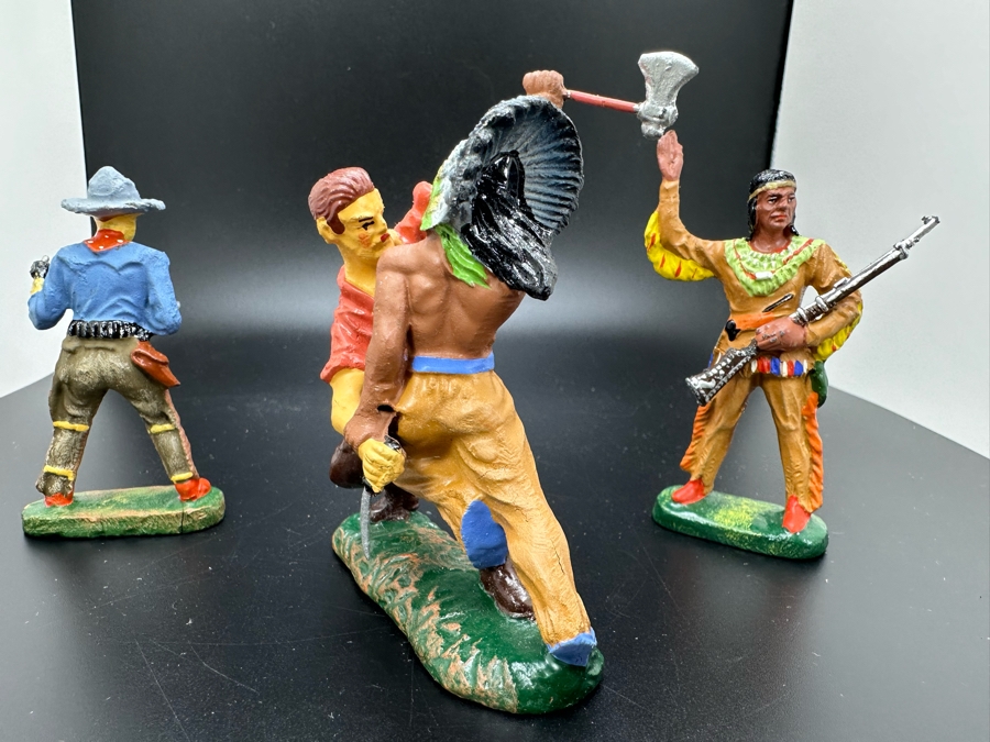 (3) Vintage Elastolin Germany O&M Hausser Toy Cowboys And Indians Miniature Figures [Photo 7]