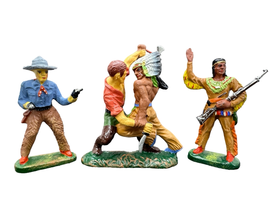 (3) Vintage Elastolin Germany O&M Hausser Toy Cowboys And Indians Miniature Figures [Photo 1]