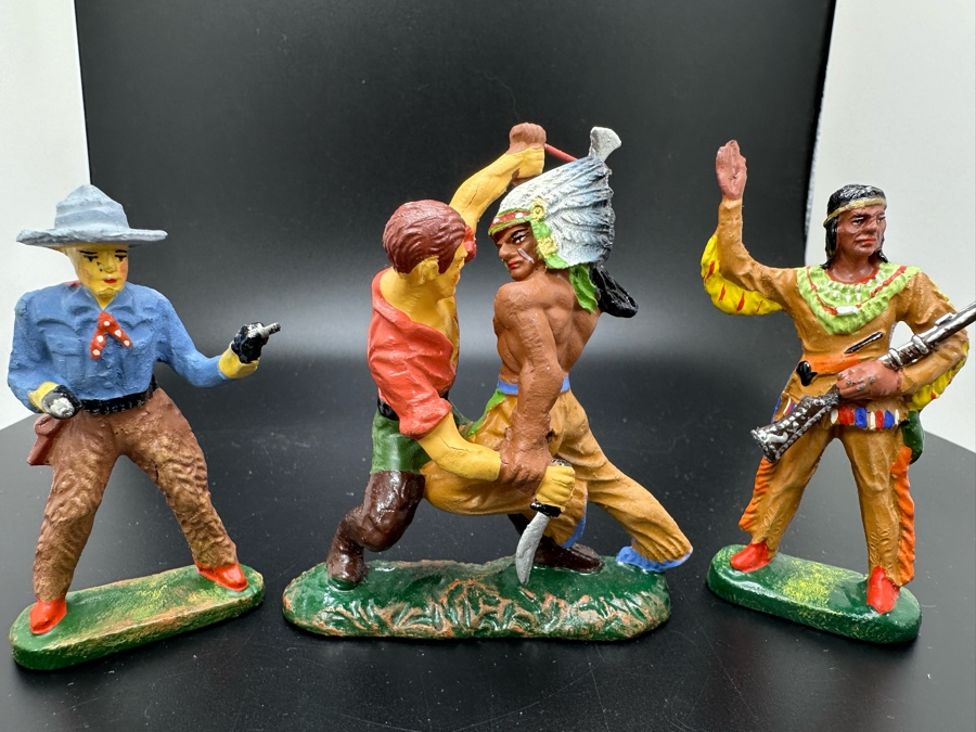(3) Vintage Elastolin Germany O&M Hausser Toy Cowboys And Indians Miniature Figures [Photo 2]