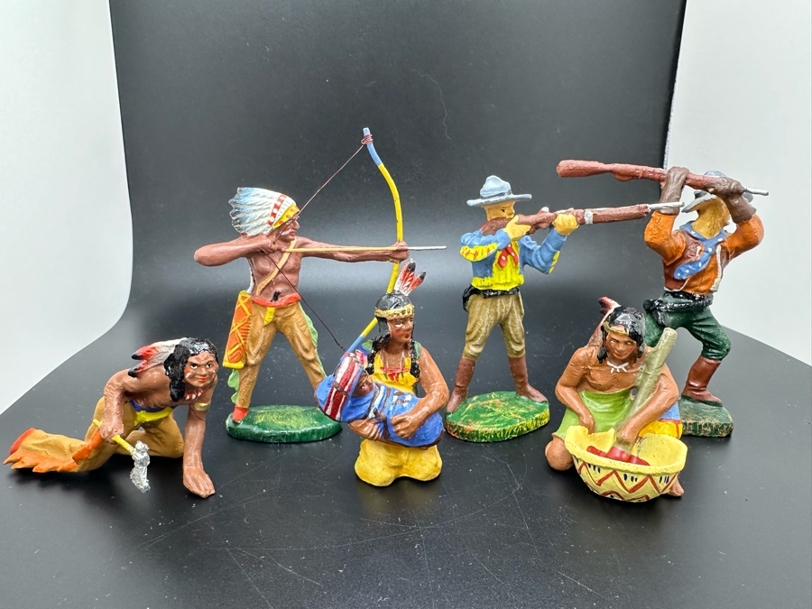 (6) Vintage Elastolin Germany O&M Hausser Toy Cowboys And Indians Miniature Figures [Photo 3]