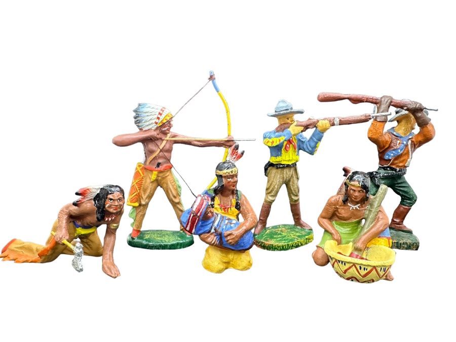 (6) Vintage Elastolin Germany O&M Hausser Toy Cowboys And Indians Miniature Figures [Photo 1]