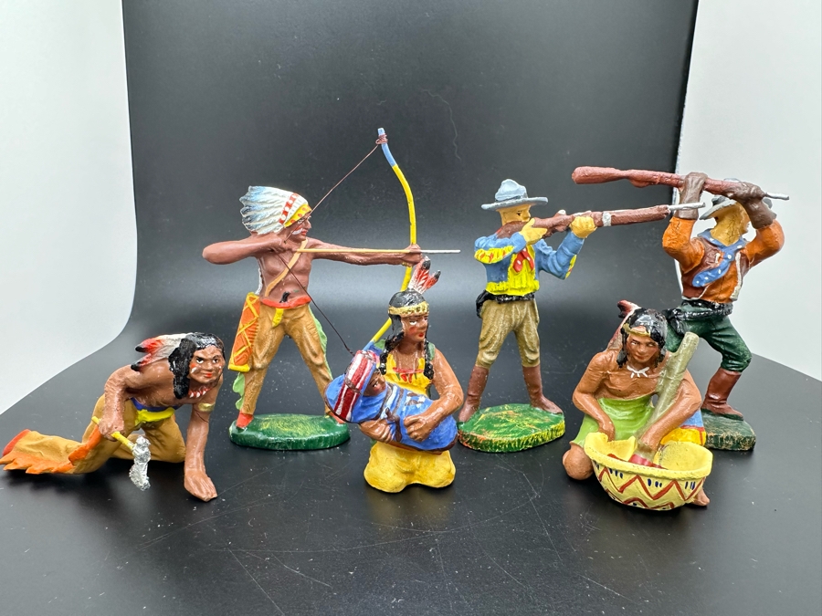 (6) Vintage Elastolin Germany O&M Hausser Toy Cowboys And Indians Miniature Figures [Photo 2]
