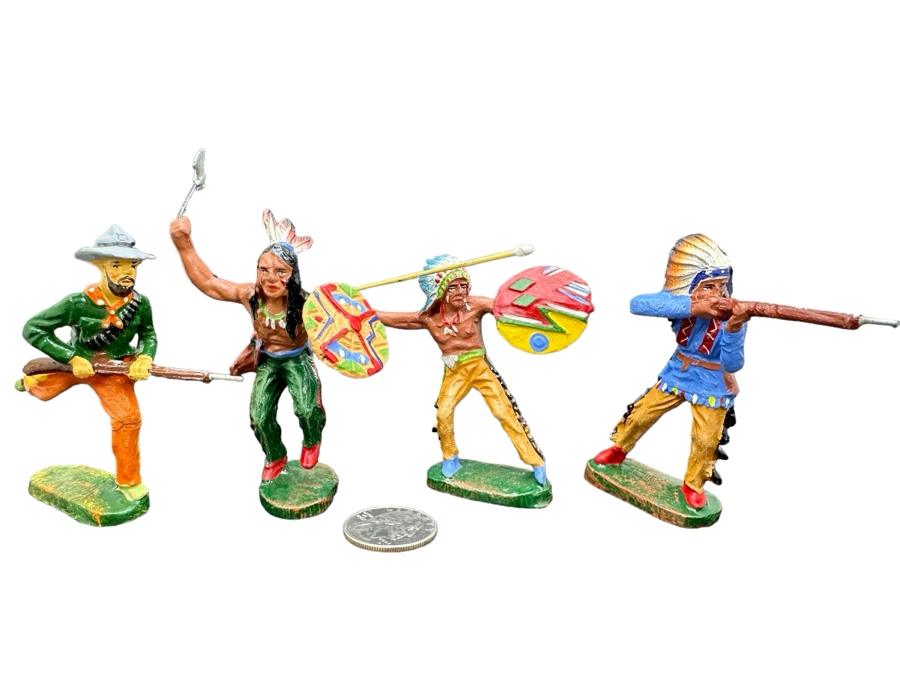 (4) Vintage Elastolin Germany O&M Hausser Toy Cowboys And Indians Miniature Figures [Photo 1]