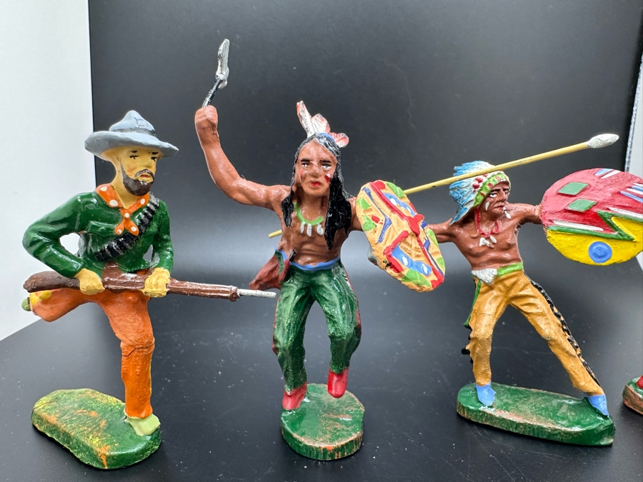 (4) Vintage Elastolin Germany O&M Hausser Toy Cowboys And Indians Miniature Figures [Photo 3]