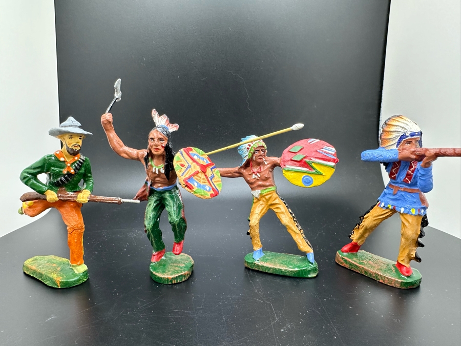 (4) Vintage Elastolin Germany O&M Hausser Toy Cowboys And Indians Miniature Figures [Photo 2]
