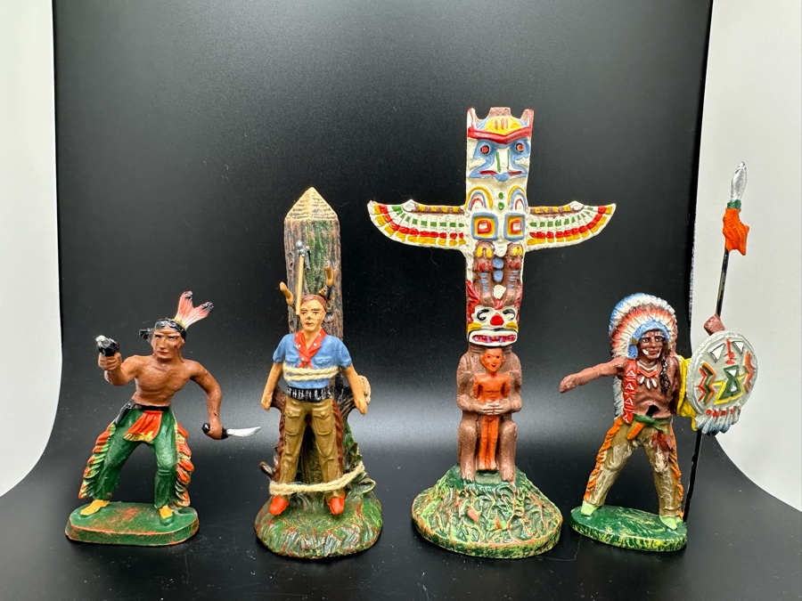 (4) Vintage Elastolin Germany O&M Hausser Toy Cowboys And Indians Miniature Figures [Photo 3]