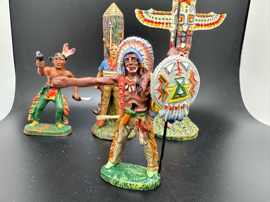(4) Vintage Elastolin Germany O&M Hausser Toy Cowboys And Indians Miniature Figures [Photo 8]