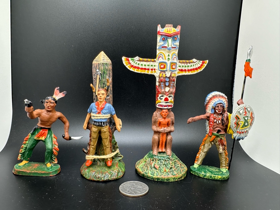 (4) Vintage Elastolin Germany O&M Hausser Toy Cowboys And Indians Miniature Figures [Photo 2]