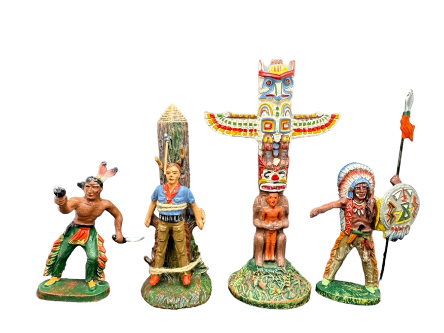 (4) Vintage Elastolin Germany O&M Hausser Toy Cowboys And Indians Miniature Figures [Photo 1]