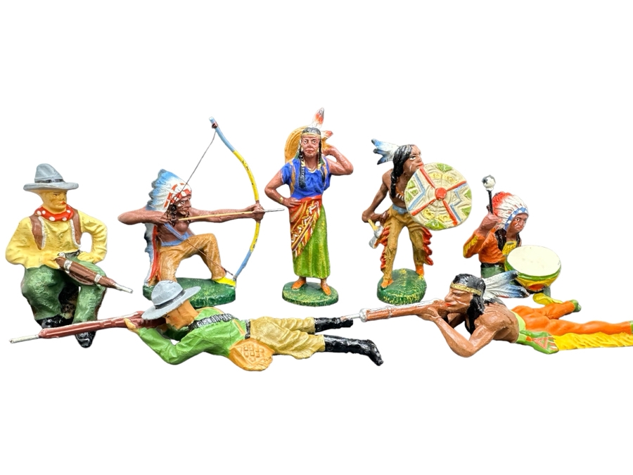 (7) Vintage Elastolin Germany O&M Hausser Toy Cowboys And Indians Miniature Figures [Photo 1]