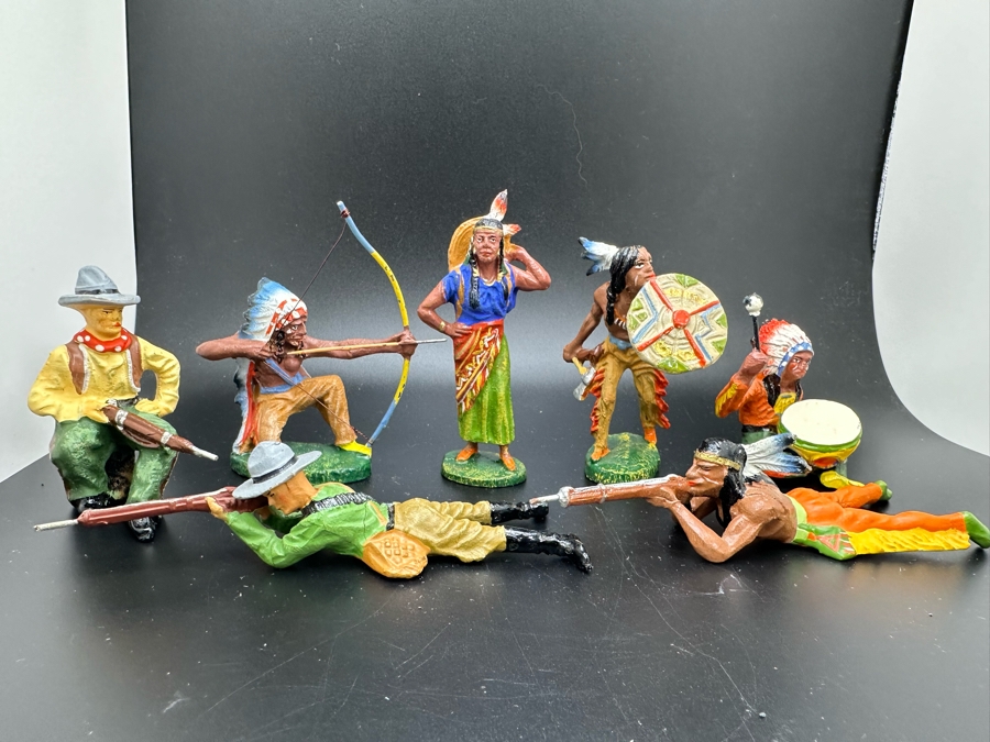 (7) Vintage Elastolin Germany O&M Hausser Toy Cowboys And Indians Miniature Figures [Photo 3]