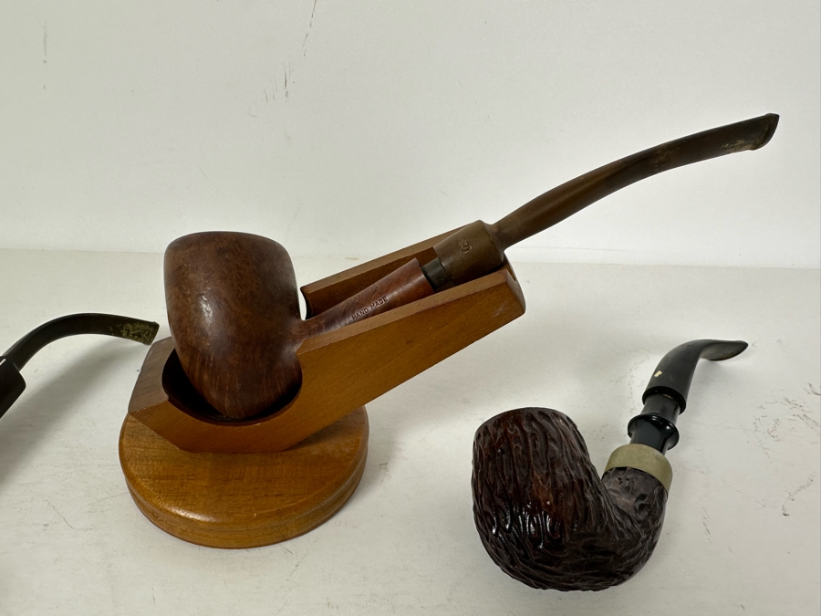 (5) Vintage Wooden Smoking Pipes Collection With Stand: (2) Jarl Denmark, (1) Stanwell Denmark, (1) The Guildhall London Pipe & (1) Well Pipe Italy [Photo 2]