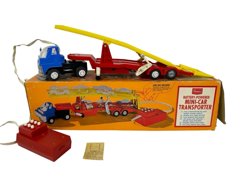 Vintage 1970s SEARS Battery-Powered Mini-Car Transporter With Box (Appears Unused) [Photo 1]