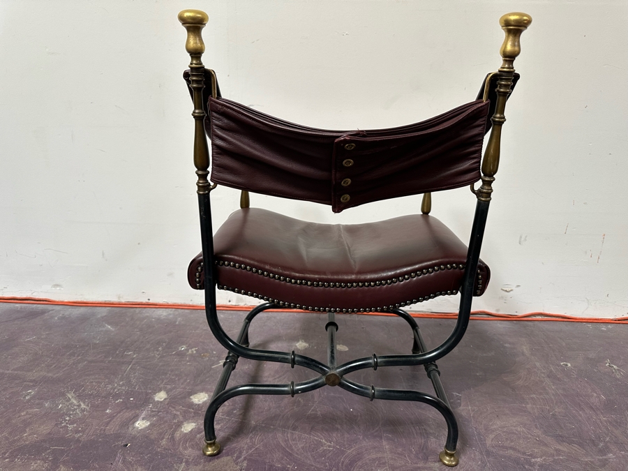 JUST ADDED - Vintage Leather And Metal Savonarola Chair 25W X 21D X 35H [Photo 4]