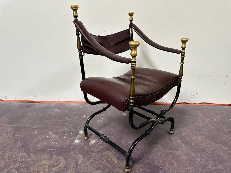 JUST ADDED - Vintage Leather And Metal Savonarola Chair 25W X 21D X 35H [Photo 2]