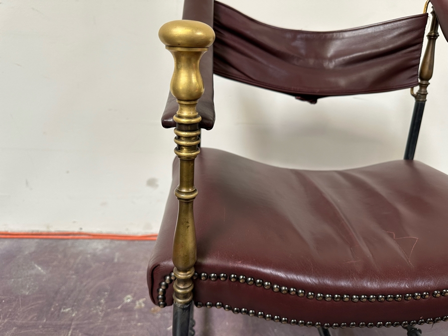 JUST ADDED - Vintage Leather And Metal Savonarola Chair 25W X 21D X 35H [Photo 6]