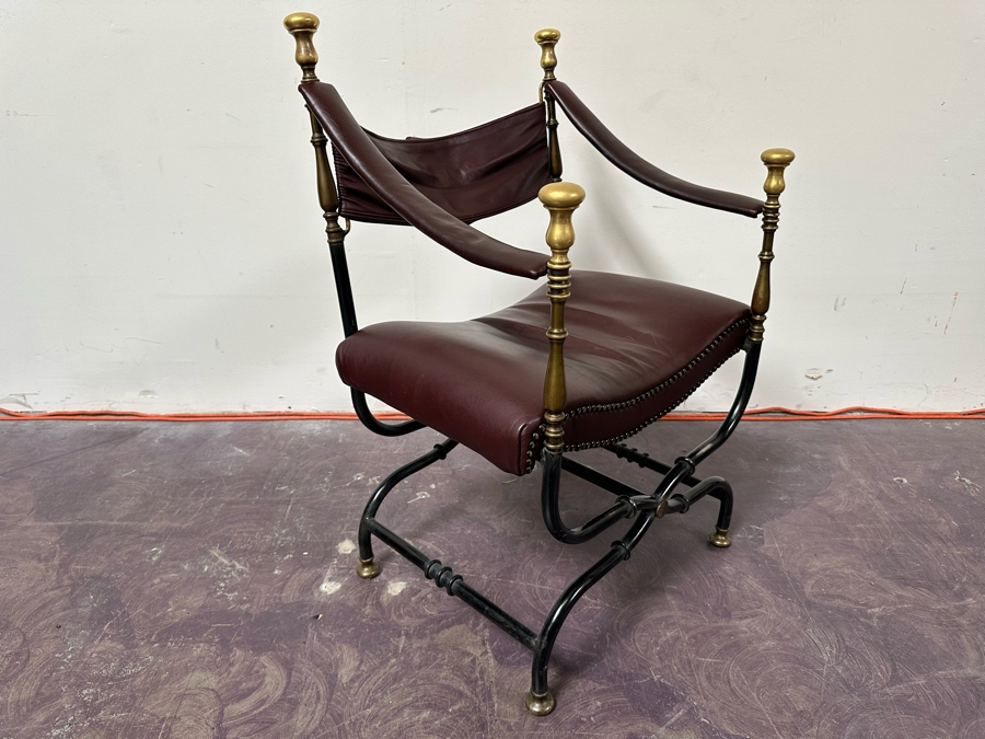 JUST ADDED - Vintage Leather And Metal Savonarola Chair 25W X 21D X 35H [Photo 3]