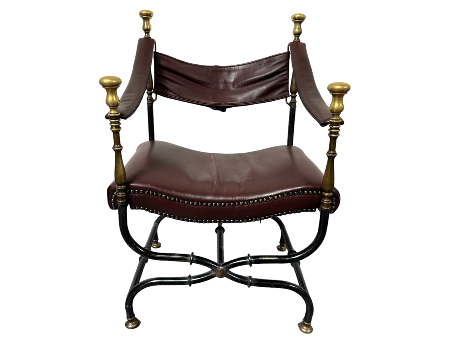 JUST ADDED - Vintage Leather And Metal Savonarola Chair 25W X 21D X 35H