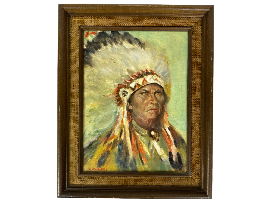 Dr. David D. Michaels Original Oil On Canvas Portrait Of A Native American Chief 9 X 12 Framed 12 X 15