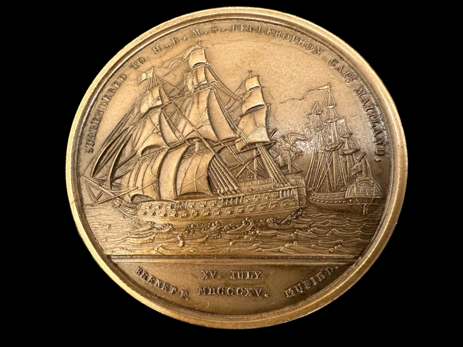 Vintage French Bronze Commemorative Medallion Napoleon Bonaparte Surrendered To HBMS Bellerophon Capt. Maitland With Original Case 1 9/16'W	