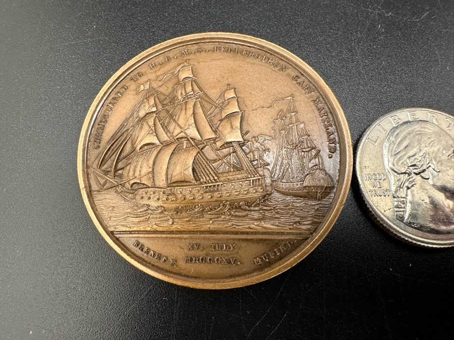 Vintage French Bronze Commemorative Medallion Napoleon Bonaparte Surrendered To HBMS Bellerophon Capt. Maitland With Original Case 1 9/16'W	 [Photo 3]