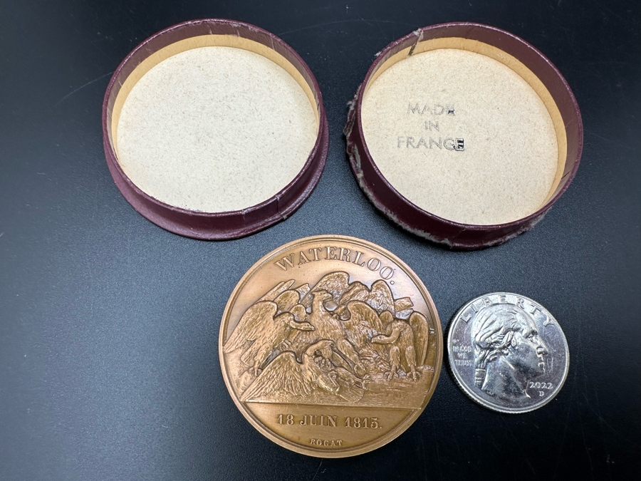 Vintage French Bronze Commemorative Medallion Napoleon I Battle Of Waterloo By Emile Rogat With Original Case 1 9/16'W	 [Photo 2]
