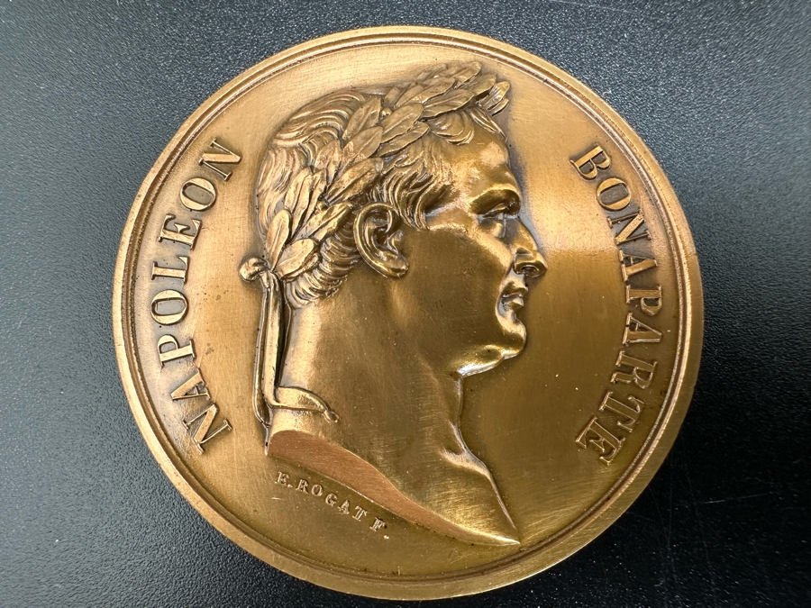 Vintage French Bronze Commemorative Medallion Napoleon I Battle Of Waterloo By Emile Rogat With Original Case 1 9/16'W	 [Photo 6]