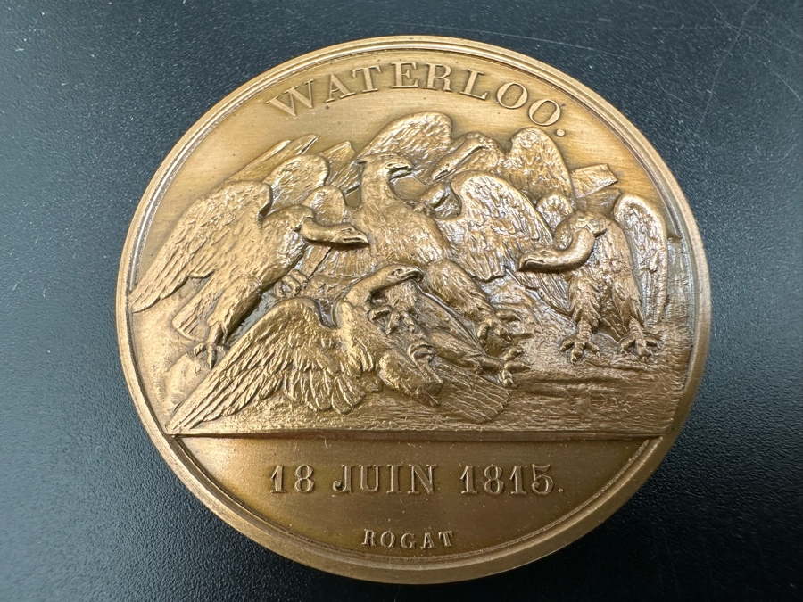 Vintage French Bronze Commemorative Medallion Napoleon I Battle Of Waterloo By Emile Rogat With Original Case 1 9/16'W	 [Photo 4]