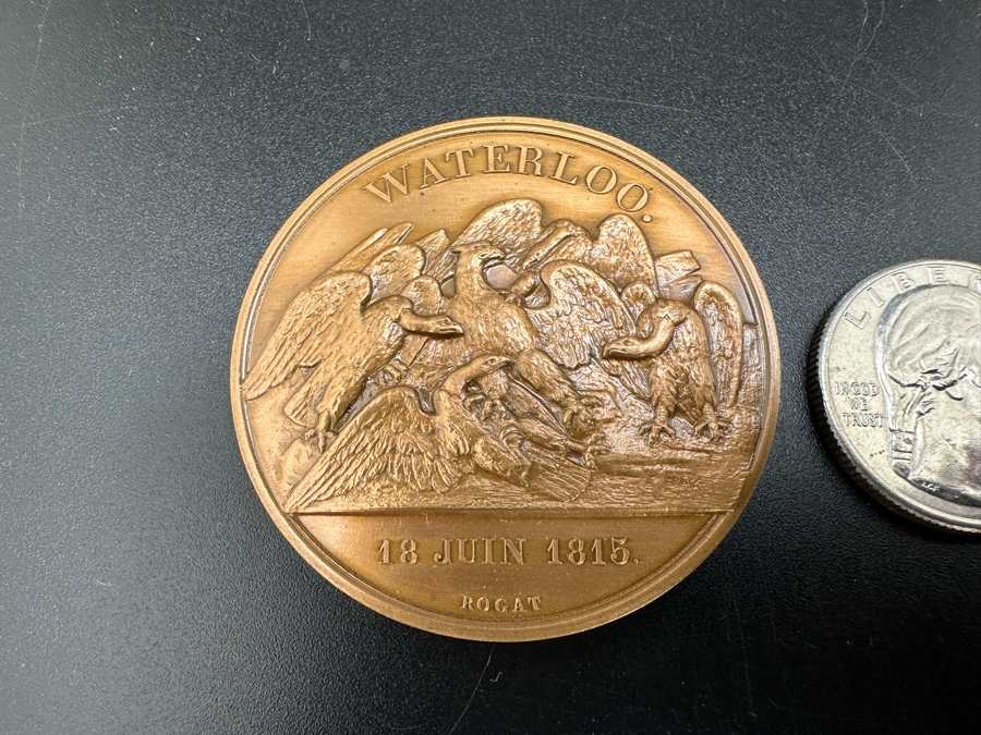 Vintage French Bronze Commemorative Medallion Napoleon I Battle Of Waterloo By Emile Rogat With Original Case 1 9/16'W	 [Photo 3]