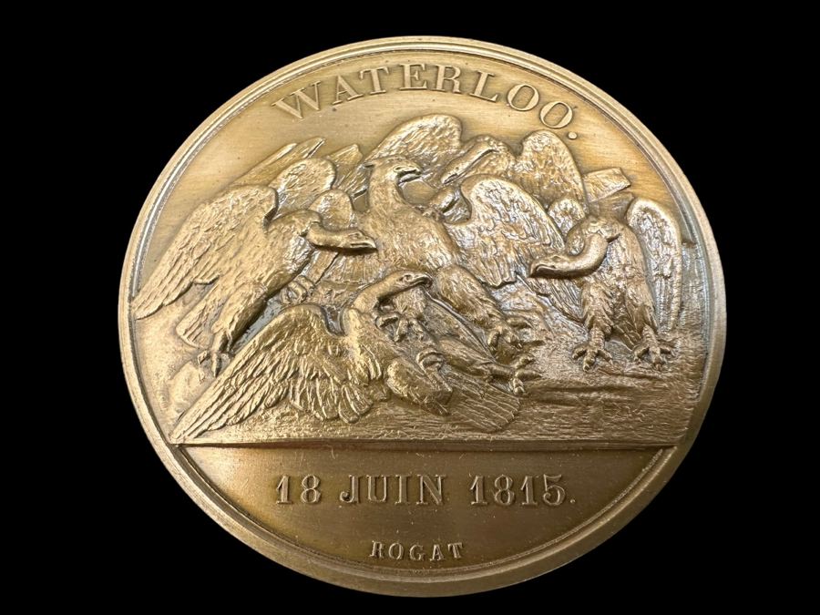 Vintage French Bronze Commemorative Medallion Napoleon I Battle Of Waterloo By Emile Rogat With Original Case 1 9/16'W	
