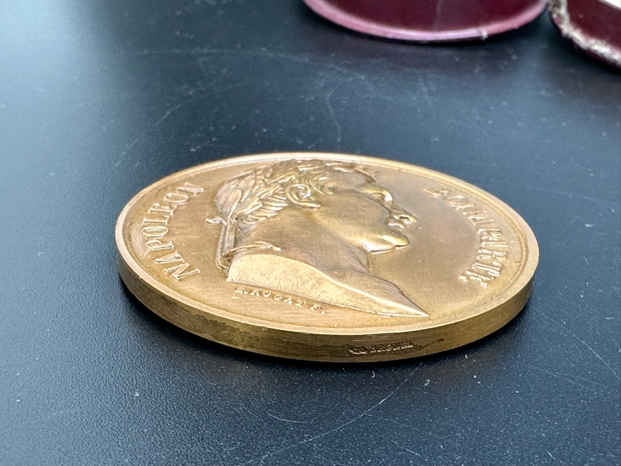 Vintage French Bronze Commemorative Medallion Napoleon I Battle Of Waterloo By Emile Rogat With Original Case 1 9/16'W	 [Photo 8]