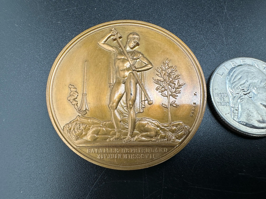 Vintage French Bronze Commemorative Medallion Napoleon I Battle Of Friedland By Andrieu & Galle With Original Case 1 9/16'W [Photo 3]