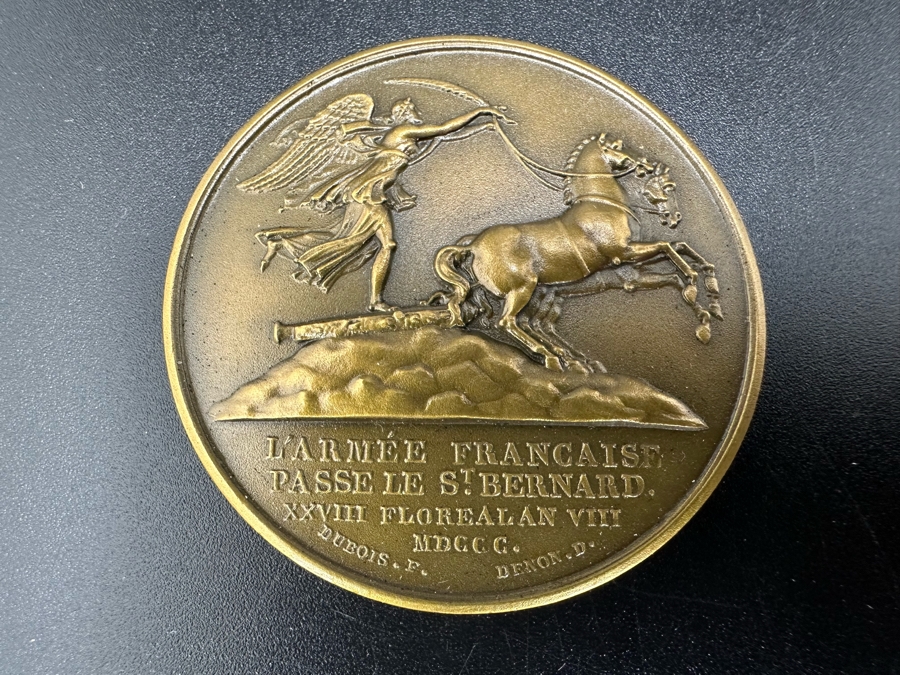 Vintage French Bronze Commemorative Medallion Napoleon I The Army Crosses The St. Bernard / The Battle Of Marengo By Etienne Jacques And Dominique-Vivant Denon With Original Case 1 9/16'W [Photo 4]