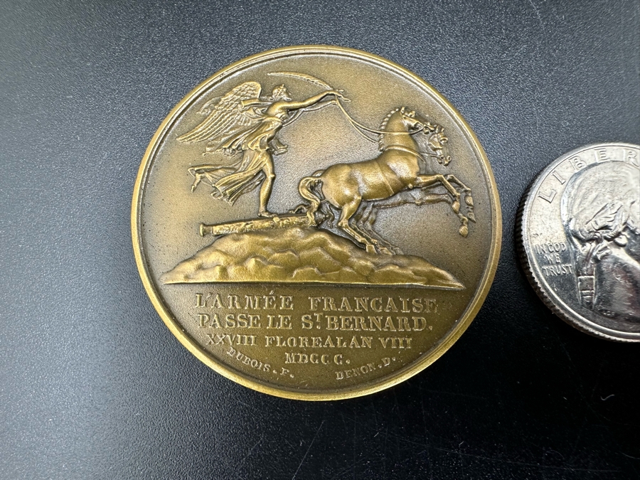 Vintage French Bronze Commemorative Medallion Napoleon I The Army Crosses The St. Bernard / The Battle Of Marengo By Etienne Jacques And Dominique-Vivant Denon With Original Case 1 9/16'W [Photo 3]