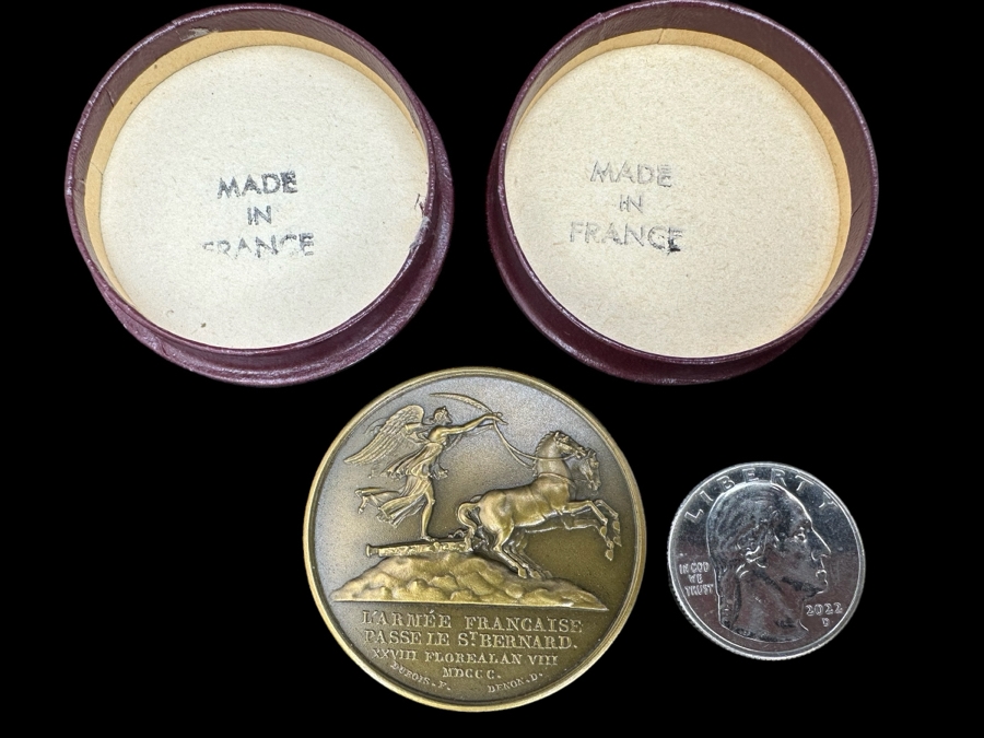 Vintage French Bronze Commemorative Medallion Napoleon I The Army Crosses The St. Bernard / The Battle Of Marengo By Etienne Jacques And Dominique-Vivant Denon With Original Case 1 9/16'W [Photo 7]