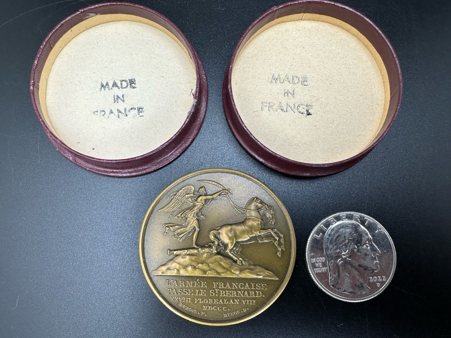 Vintage French Bronze Commemorative Medallion Napoleon I The Army Crosses The St. Bernard / The Battle Of Marengo By Etienne Jacques And Dominique-Vivant Denon With Original Case 1 9/16'W [Photo 2]