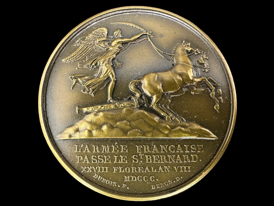 Vintage French Bronze Commemorative Medallion Napoleon I The Army Crosses The St. Bernard / The Battle Of Marengo By Etienne Jacques And Dominique-Vivant Denon With Original Case 1 9/16'W