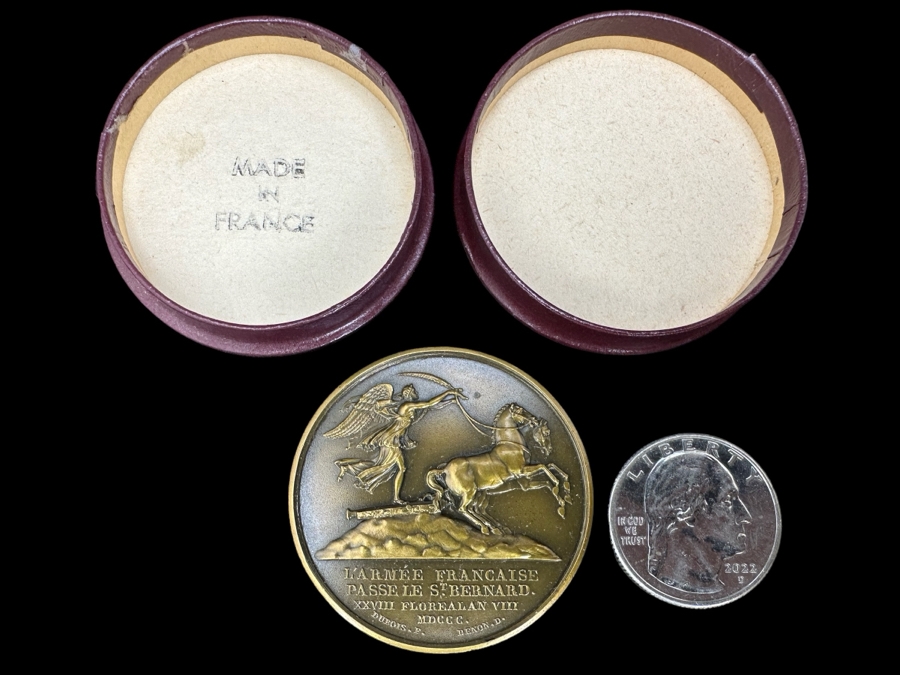 Vintage French Bronze Commemorative Medallion Napoleon I The Army Crosses The St. Bernard / The Battle Of Marengo By Etienne Jacques And Dominique-Vivant Denon With Original Case 1 9/16'W [Photo 7]