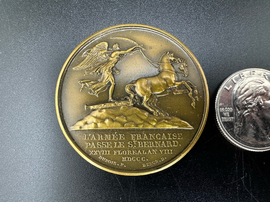 Vintage French Bronze Commemorative Medallion Napoleon I The Army Crosses The St. Bernard / The Battle Of Marengo By Etienne Jacques And Dominique-Vivant Denon With Original Case 1 9/16'W [Photo 3]