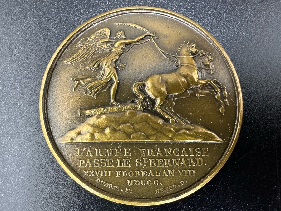 Vintage French Bronze Commemorative Medallion Napoleon I The Army Crosses The St. Bernard / The Battle Of Marengo By Etienne Jacques And Dominique-Vivant Denon With Original Case 1 9/16'W [Photo 4]