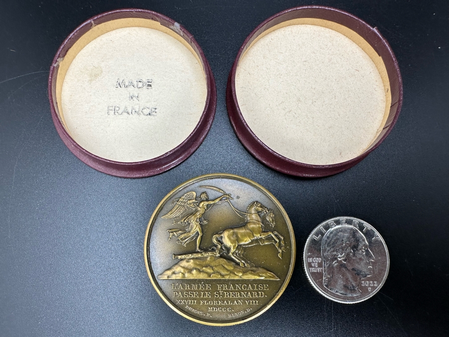 Vintage French Bronze Commemorative Medallion Napoleon I The Army Crosses The St. Bernard / The Battle Of Marengo By Etienne Jacques And Dominique-Vivant Denon With Original Case 1 9/16'W [Photo 2]