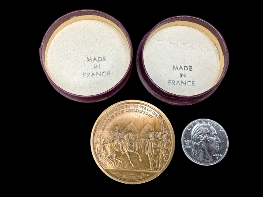 Vintage French Bronze Commemorative Medallion Napoleon I The Battle Of The Pyramids Egypt With Original Case 1 9/16'W [Photo 9]