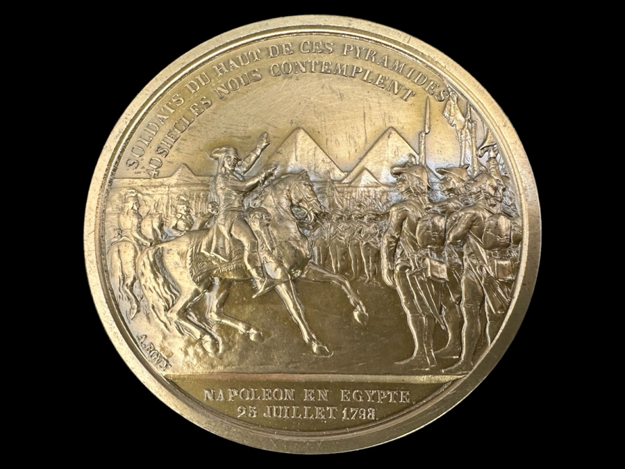Vintage French Bronze Commemorative Medallion Napoleon I The Battle Of The Pyramids Egypt With Original Case 1 9/16'W