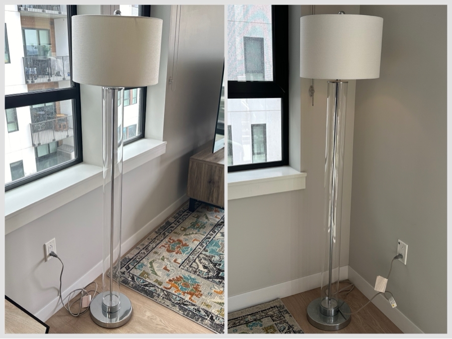 Pair Of Modern Glass & Chrome Floor Lamps 65H